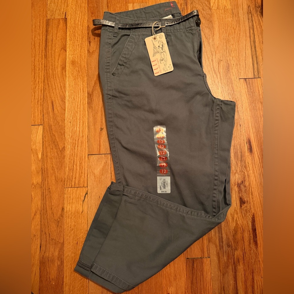 ELLE Women’s Gray Capri Pants with Metallic Belt – Size 12 NWT